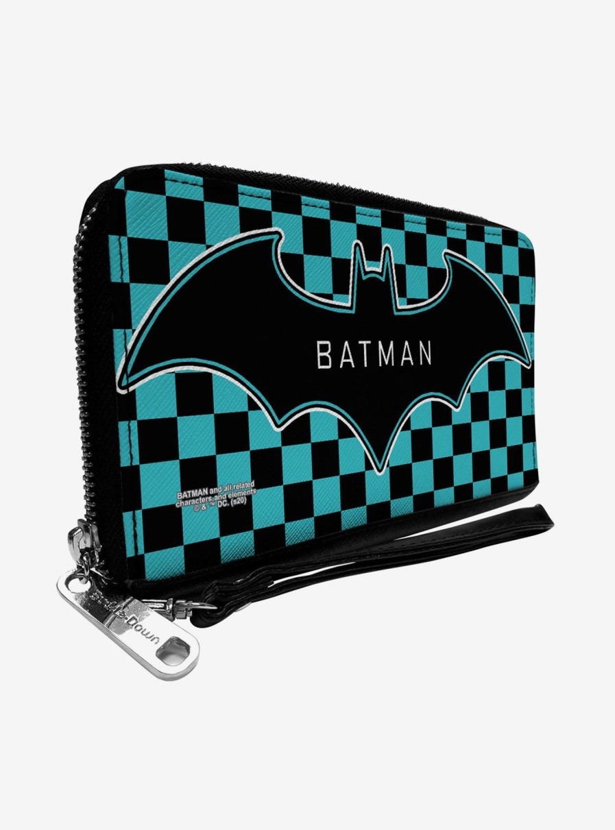 Wallets * | Dc Comics Batman Bat Logo Checker Teal Black Zip Around Rectangle Wallet Excellent Quality