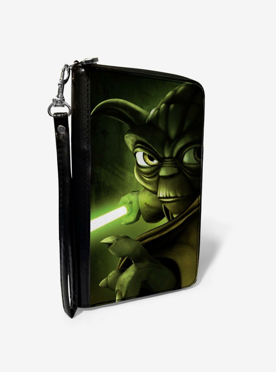 Wallets * | Star Wars The Clone Wars Yoda Lightsaber Pose Greens Zip Around Wallet Quick Delivery