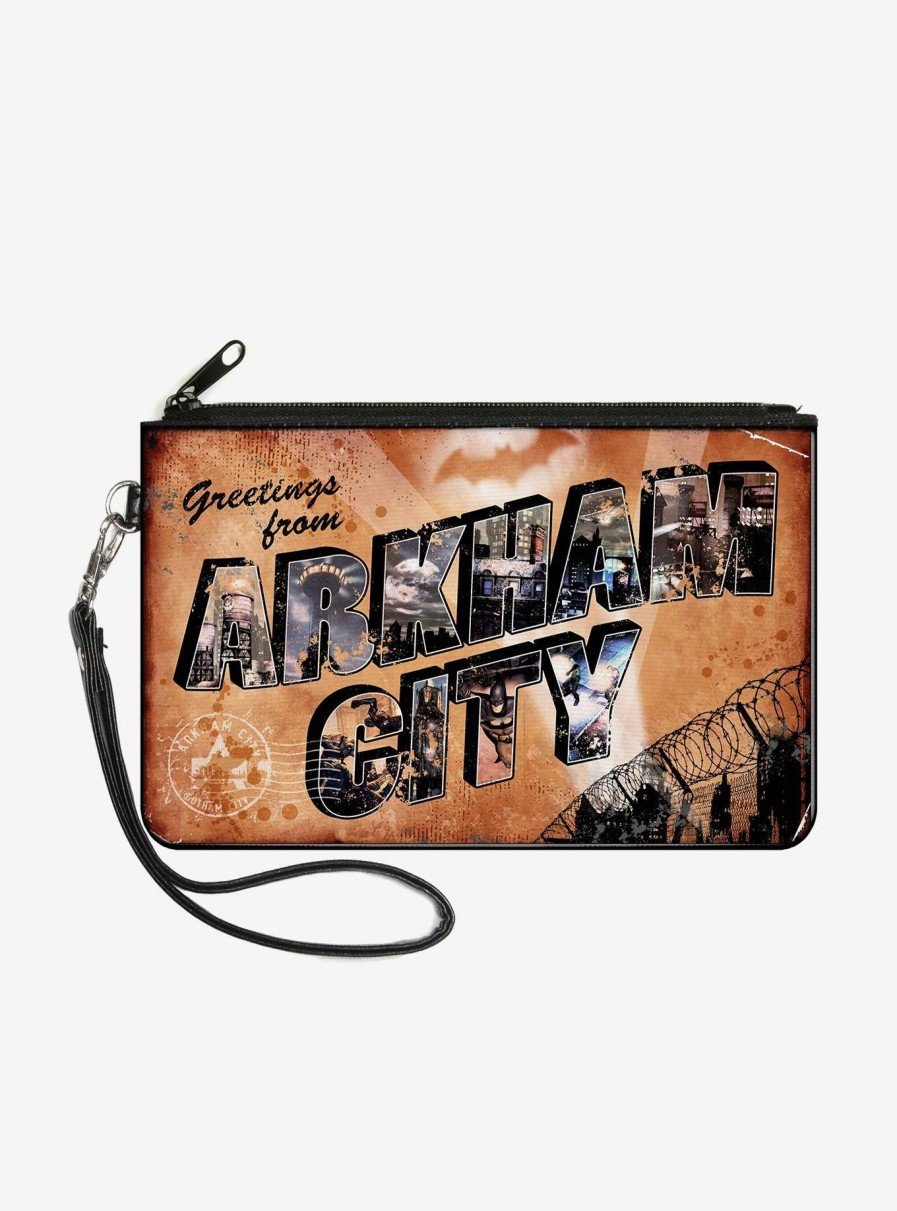 Wallets * | Dc Comics Batman Greetings From Arkham City Postcard City Scenes Wallet Canvas Zip Clutch Sale Online