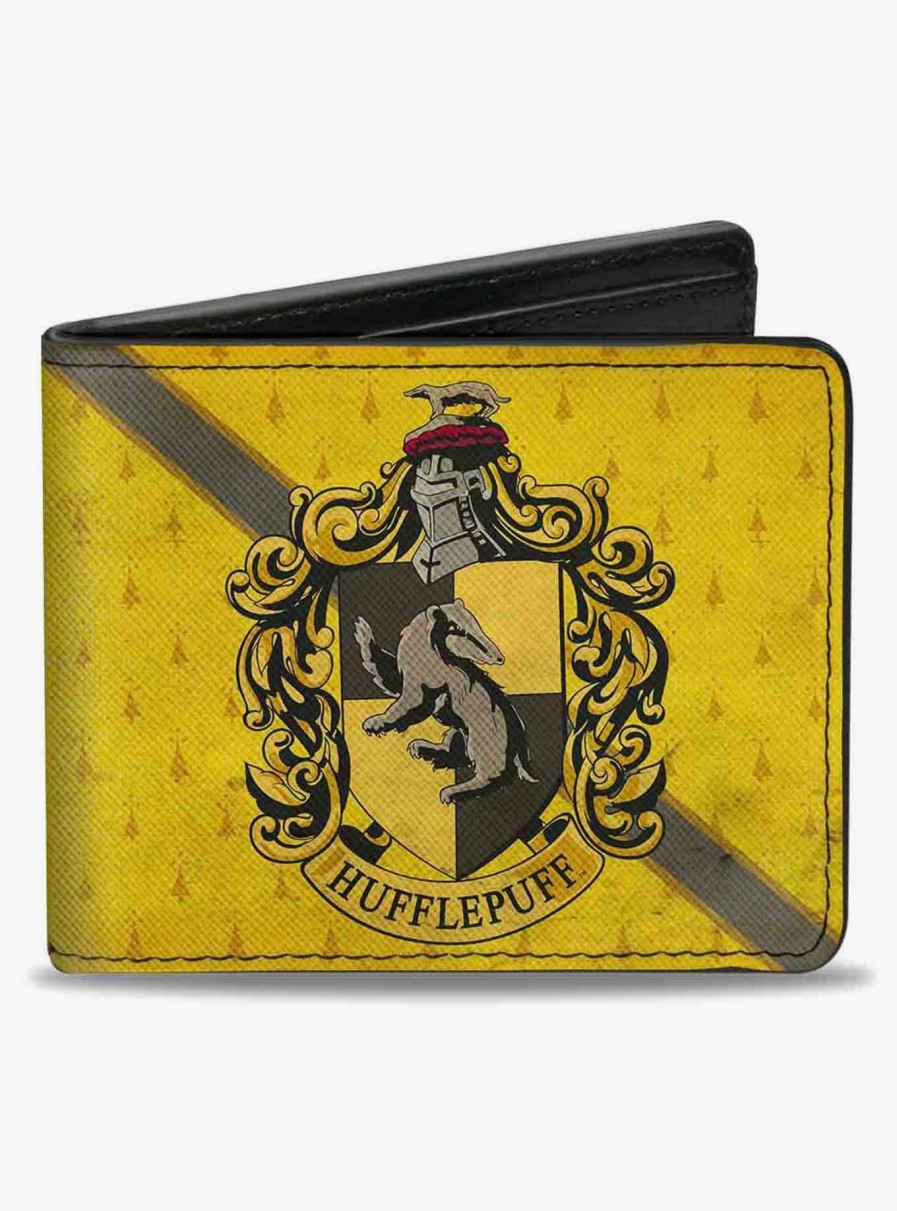 Wallets * | Classical Harry Potter Hufflepuff Crest Stripe Weathered Bifold Wallet