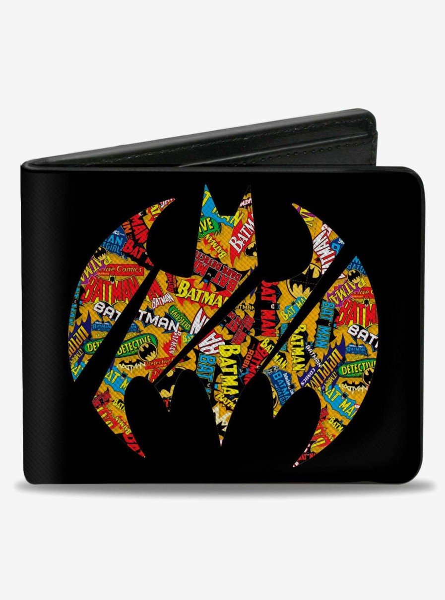 Wallets * | Official Dc Comics Bat Signal Black Multi Color Logos Stacked Bifold Wallet